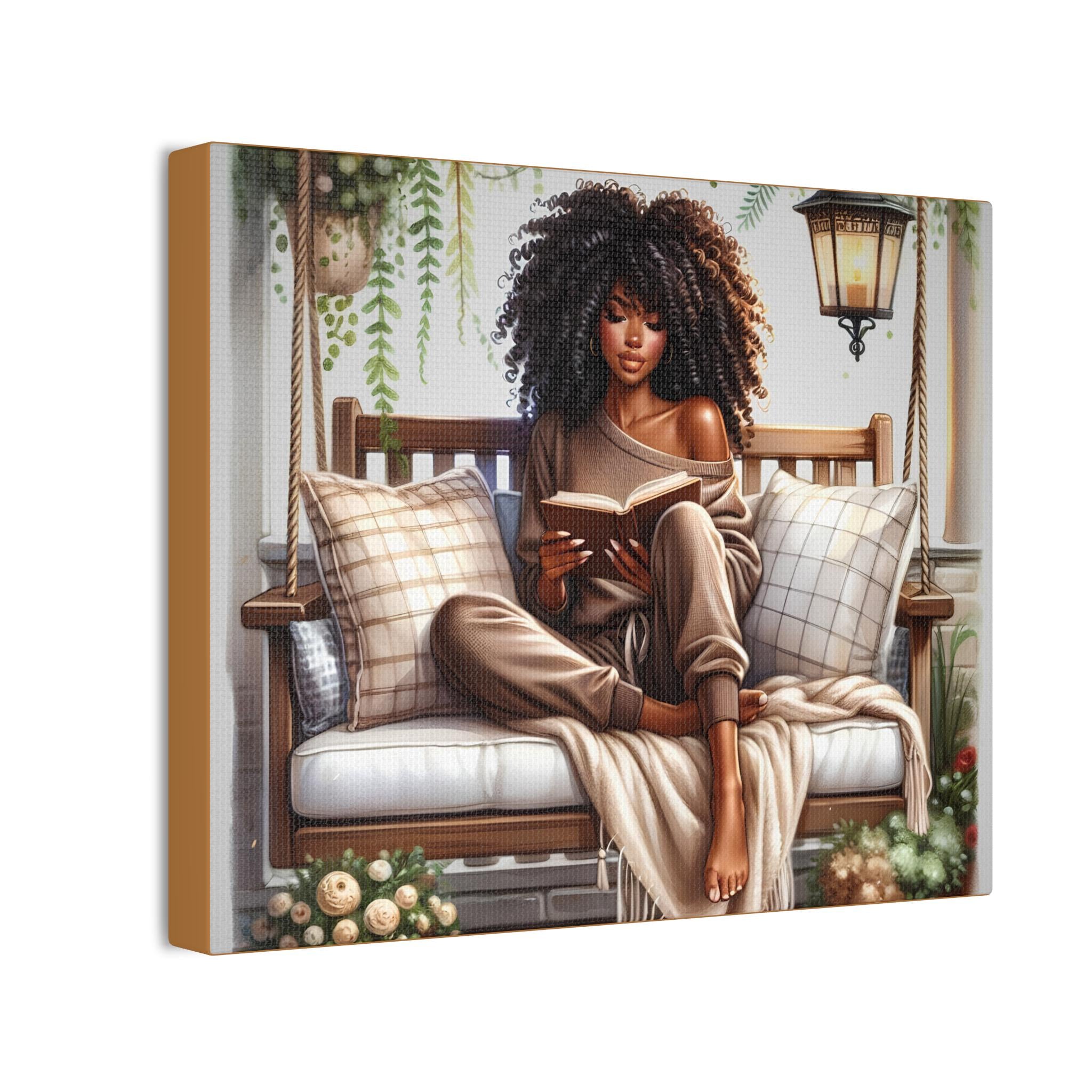 Afrocentric Woman Canvas Art, Fall Decor Print, Book Lovers, African American Cozy Scene Painting, 0 75" Home Decor, Cultural Gift, HBCU