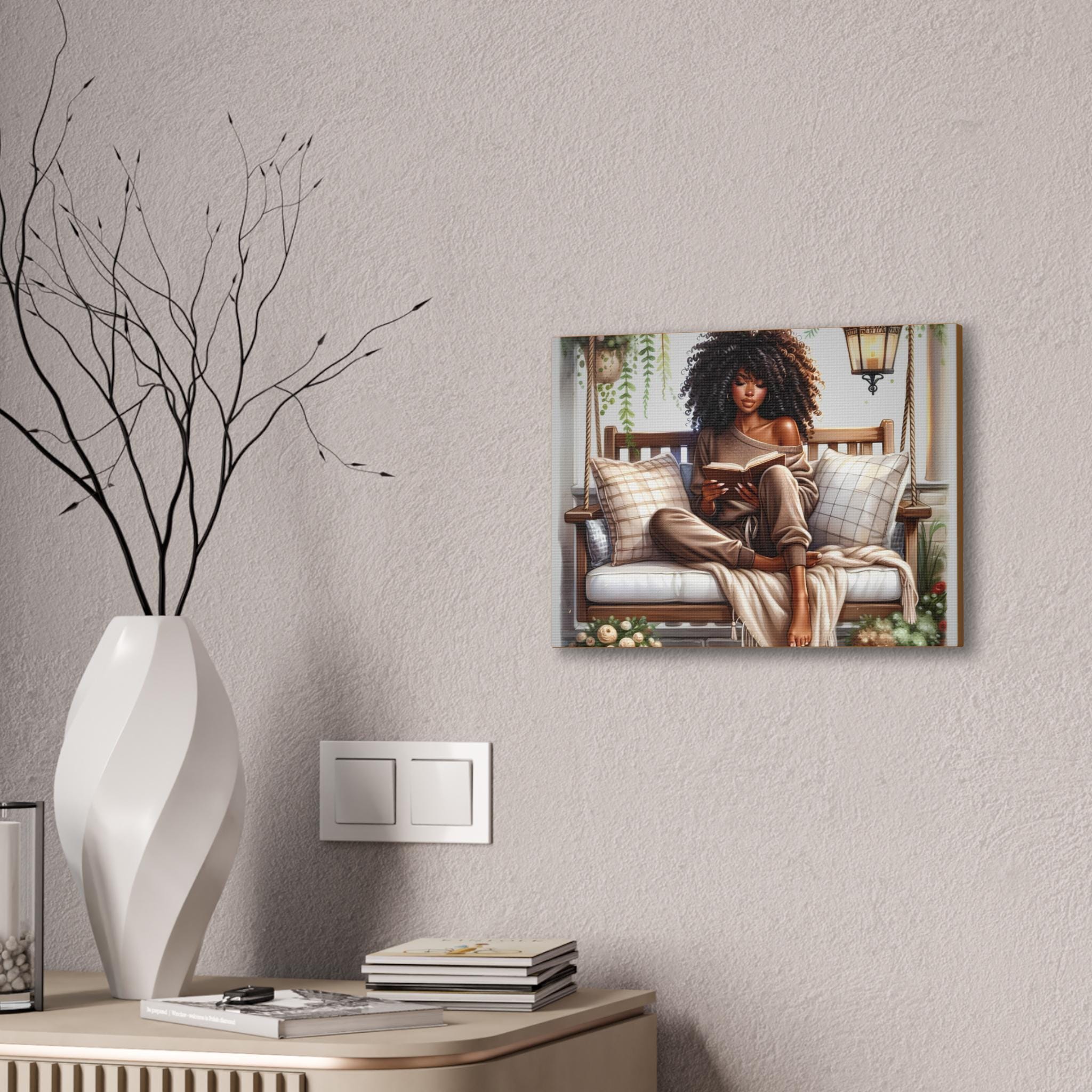 Afrocentric Woman Canvas Art, Fall Decor Print, Book Lovers, African American Cozy Scene Painting, 0 75" Home Decor, Cultural Gift, HBCU