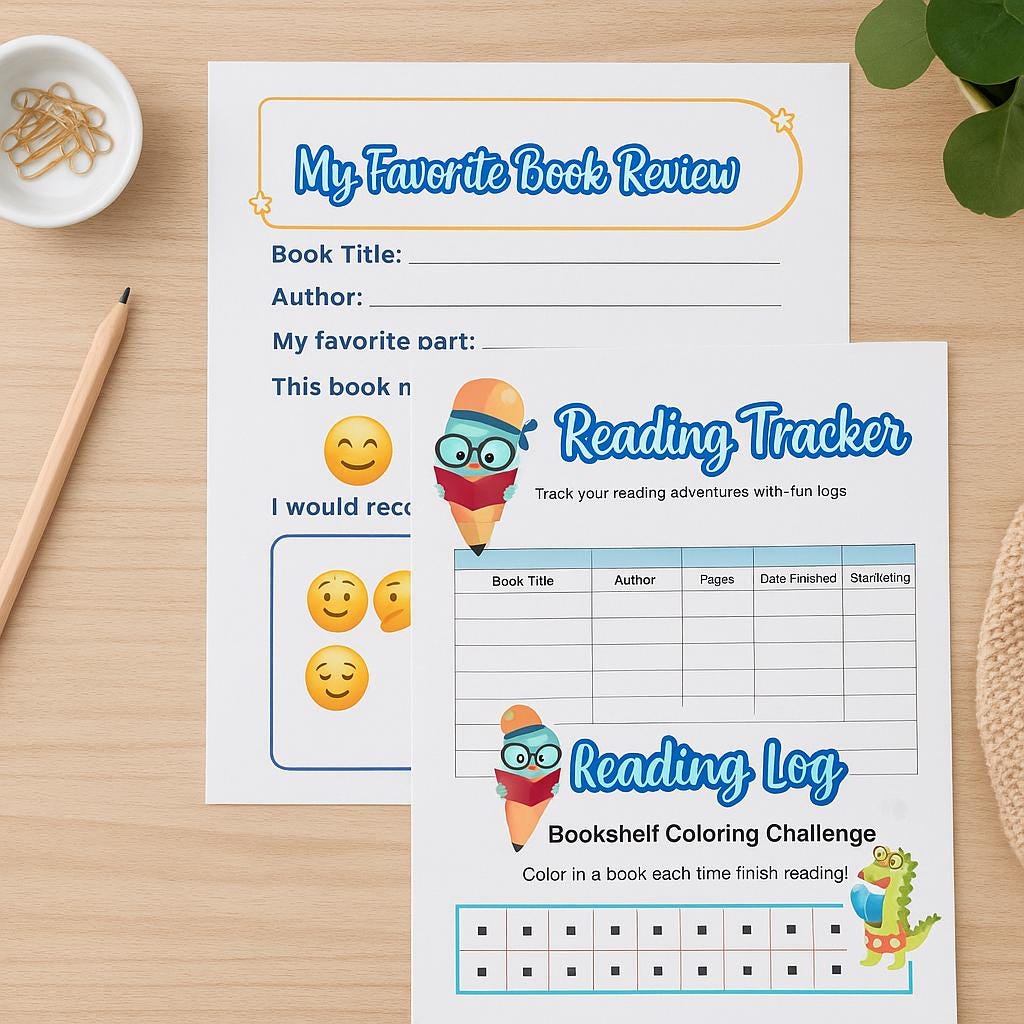 Track, Read, Review, Repeat, Children's Reading Tracker, Homeschool Reading Tracker, Favorite Book Review Page, Reading Challenge Journal